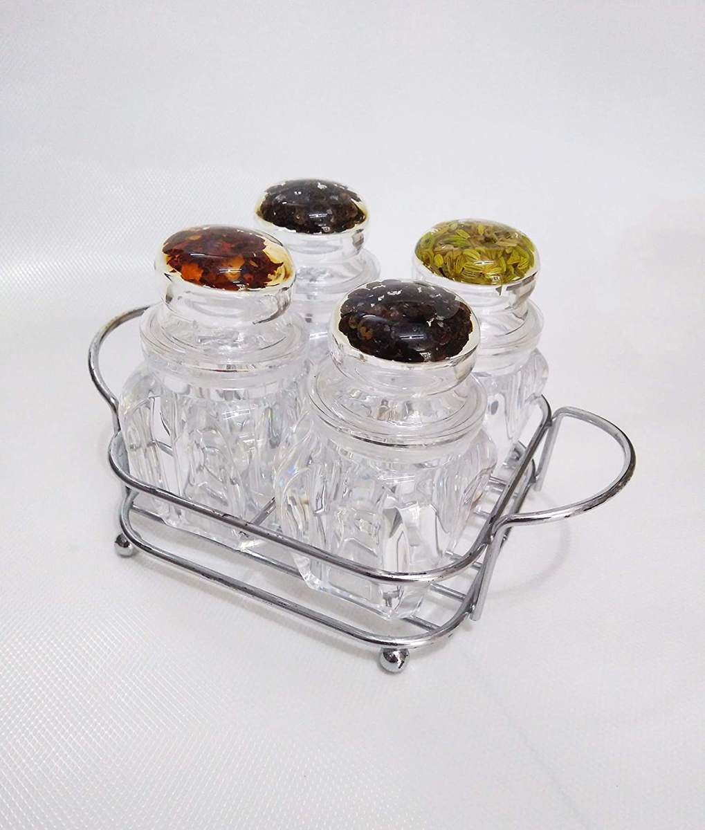 4 Pcs ACRYLIC Kitchen Salt & Pepper Shaker With Stainless Steel Holder - REVEL.PK