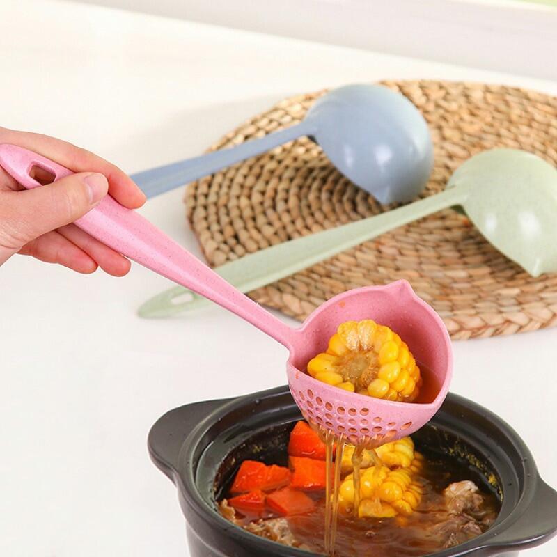(Pack of 2) 2 In 1 Long Handle Soup Spoon Home Strainer Cooking Colander Kitchen Scoop Plastic Ladle Tableware Sifter - REVEL.PK