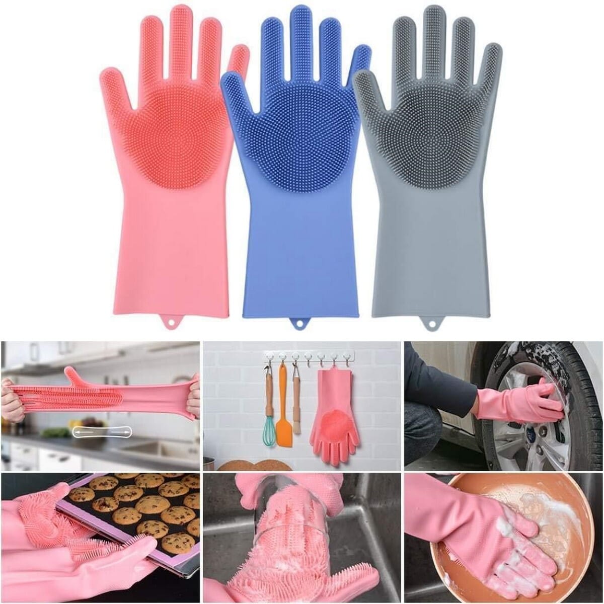 2 Pair (4PCS) Magic Dish washing Gloves with scrubber, Silicone Cleaning Reusable Scrub Gloves for Wash Dish - REVEL.PK