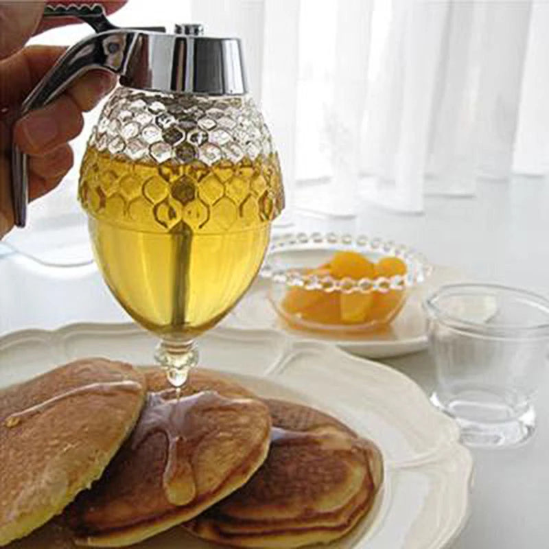 Crystal Glass Honey Dispenser Transparent Honey Storage Bottle Container with Holder - REVEL.PK