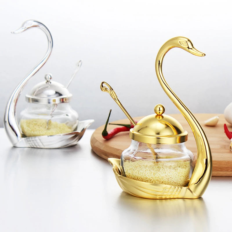 Aluminum Alloy Condiment Pot Seasoning Container Spice Glass Jar Salt Sugar Bowl Pepper Coffee Storage Organizer Swan Rack Set - REVEL.PK