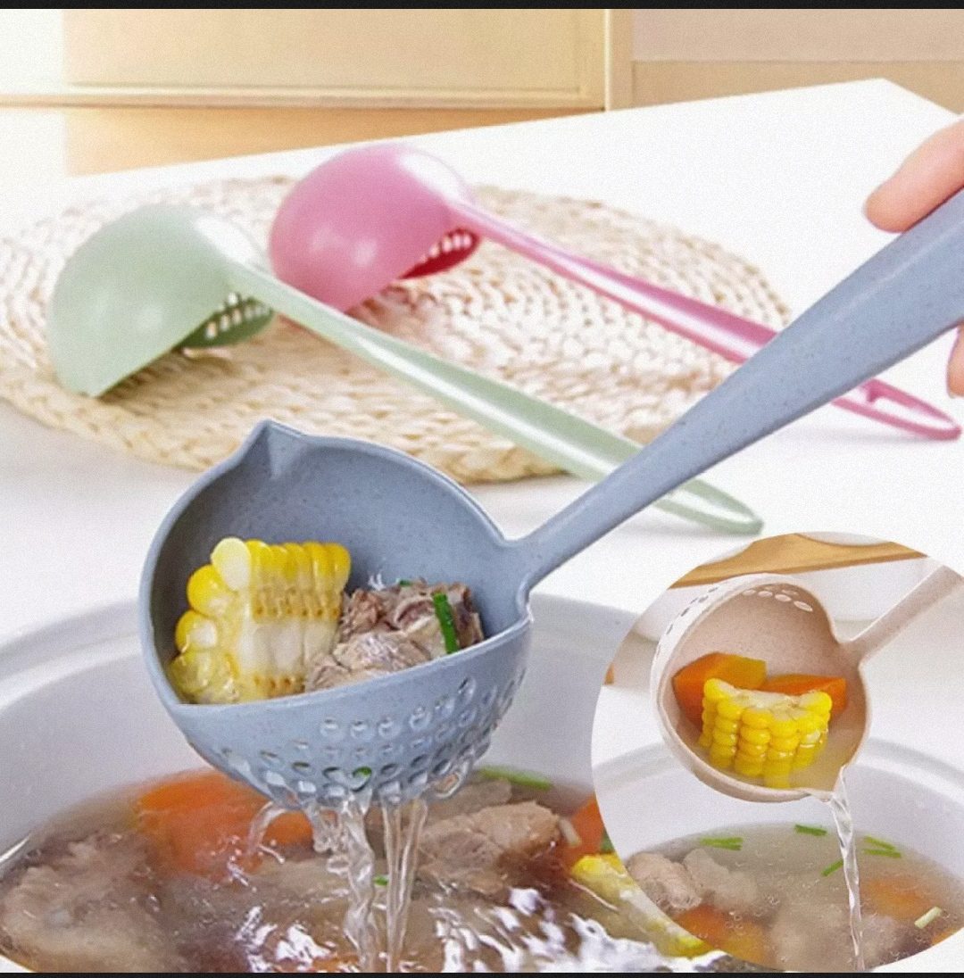 (Pack of 2) 2 In 1 Long Handle Soup Spoon Home Strainer Cooking Colander Kitchen Scoop Plastic Ladle Tableware Sifter - REVEL.PK