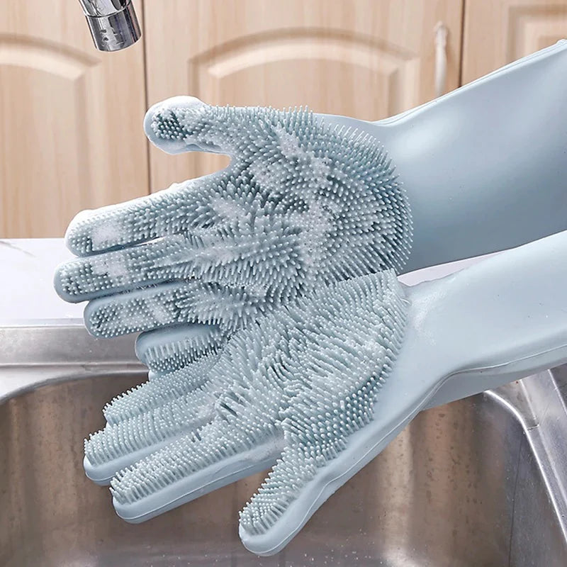 2 Pair (4PCS) Magic Dish washing Gloves with scrubber, Silicone Cleaning Reusable Scrub Gloves for Wash Dish - REVEL.PK