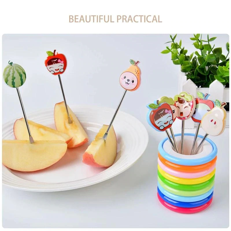 Fruit Fork Food Picks Cartoon Plastic Fruit Dessert Fork (1 holder and 8 forks) - REVEL.PK