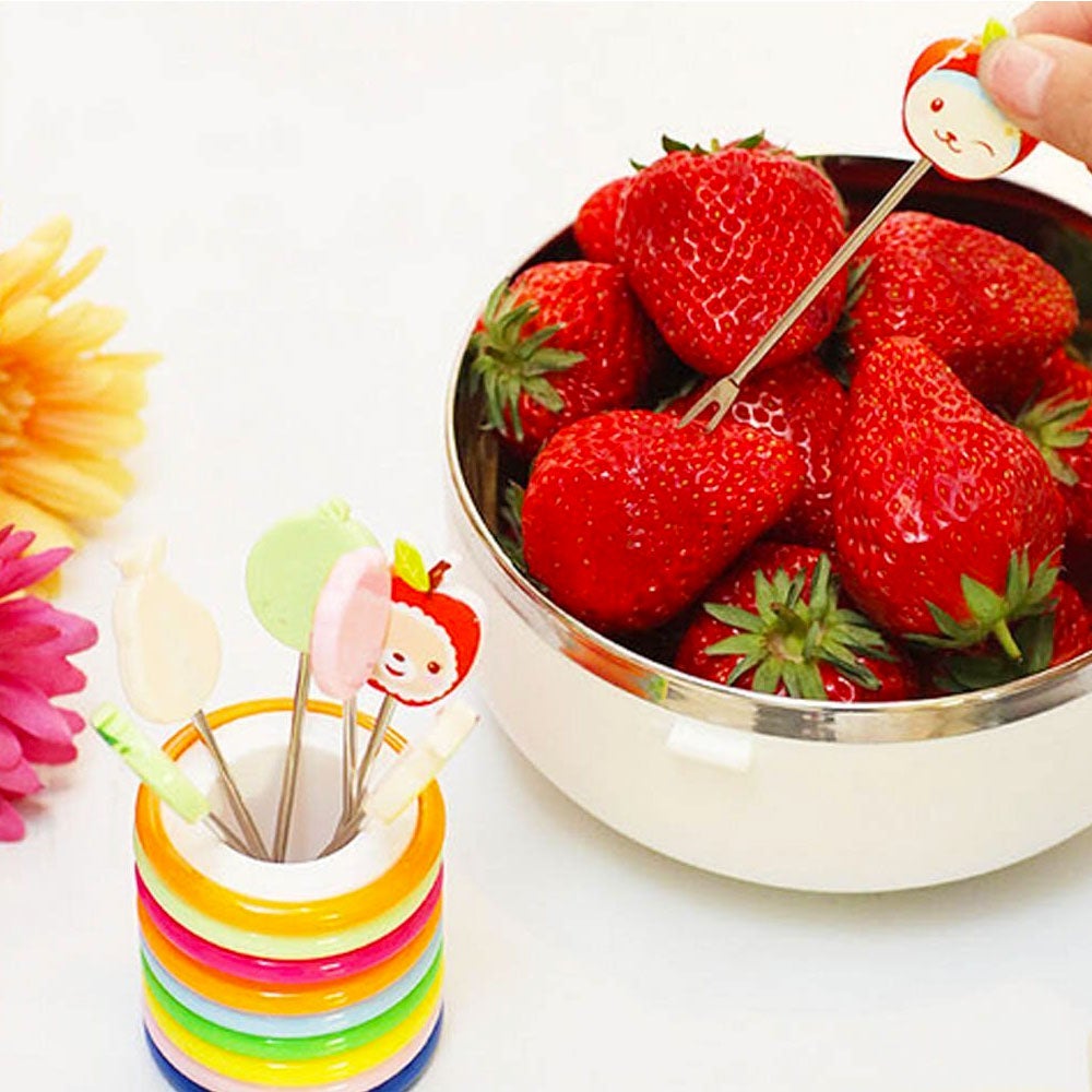 Fruit Fork Food Picks Cartoon Plastic Fruit Dessert Fork (1 holder and 8 forks) - REVEL.PK