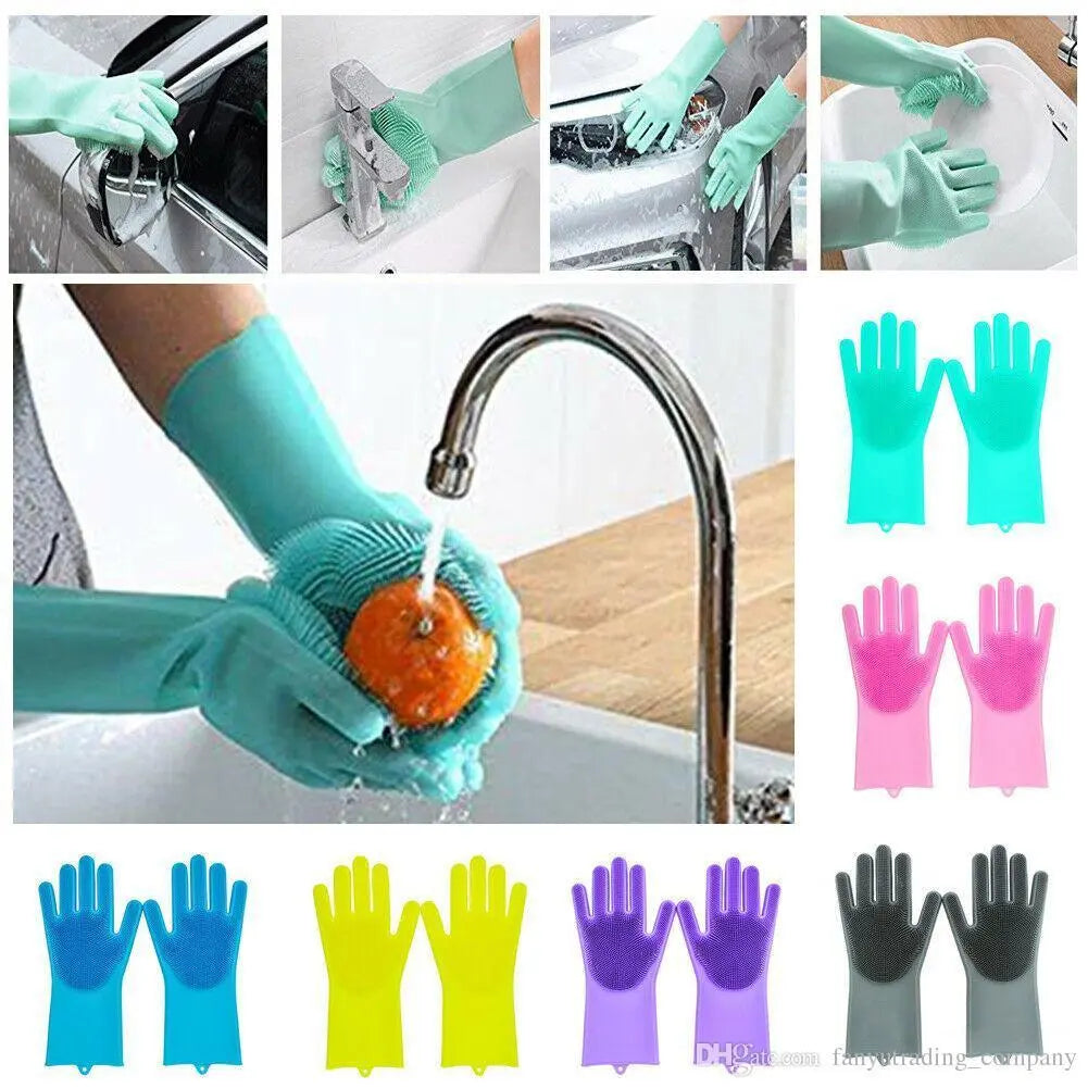 2 Pair (4PCS) Magic Dish washing Gloves with scrubber, Silicone Cleaning Reusable Scrub Gloves for Wash Dish - REVEL.PK