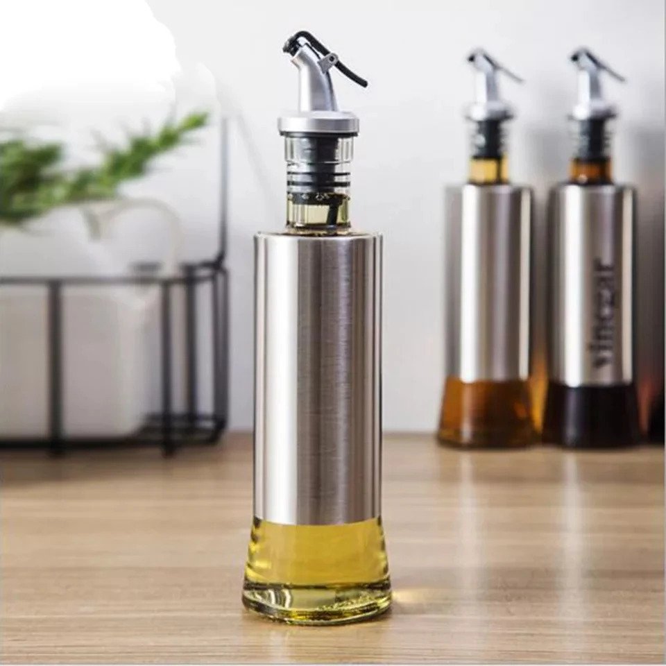Kitchen Cooking Oil Vinegar Bottle with Dropper Best For Olive oil Usage Glass and Stainless Steel – 300 ml - REVEL.PK