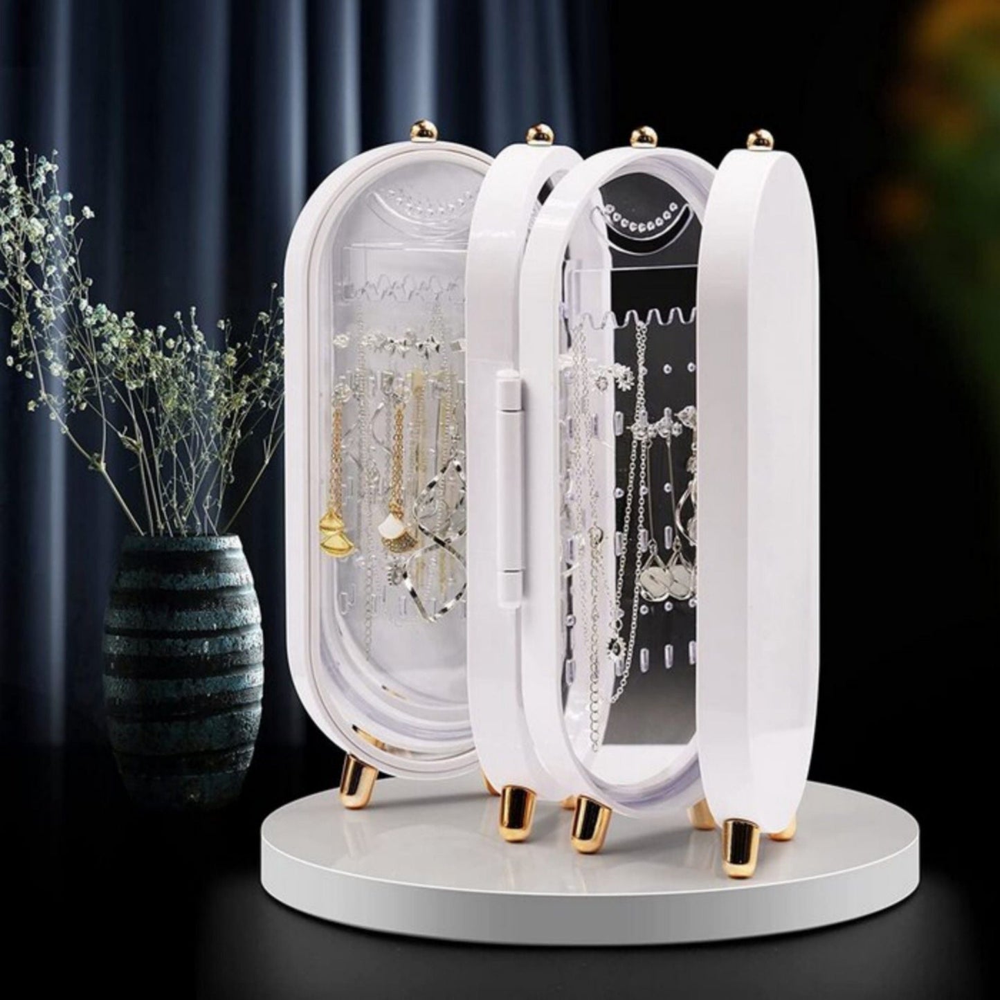 Foldable Jewelry Organizer With Mirror Ear Rings & Necklace_ Hanging Holder Jewelry Box Vanity Hanger Stand - REVEL.PK