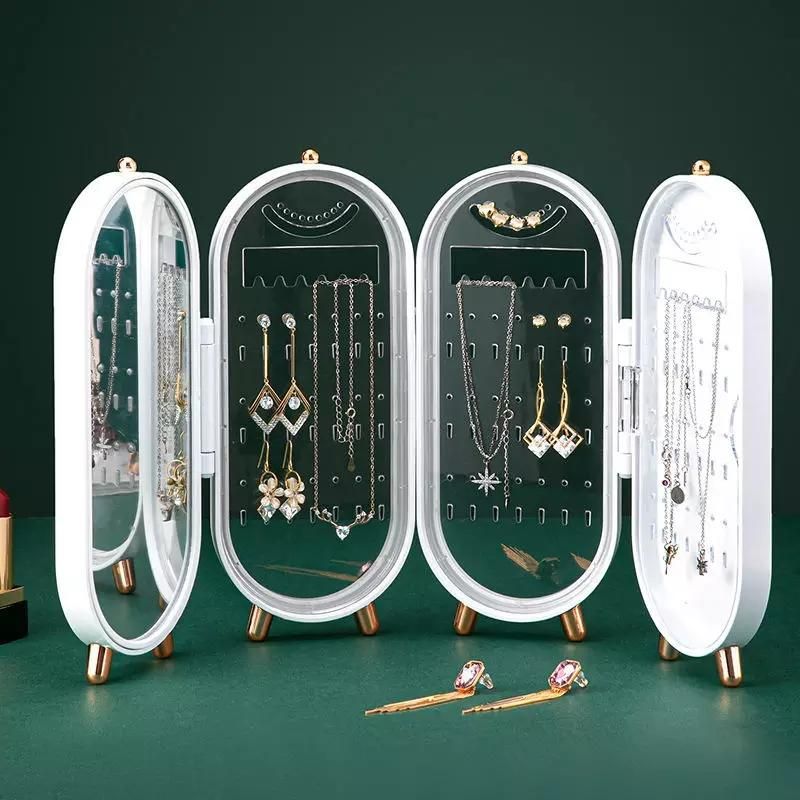 Foldable Jewelry Organizer With Mirror Ear Rings & Necklace_ Hanging Holder Jewelry Box Vanity Hanger Stand - REVEL.PK