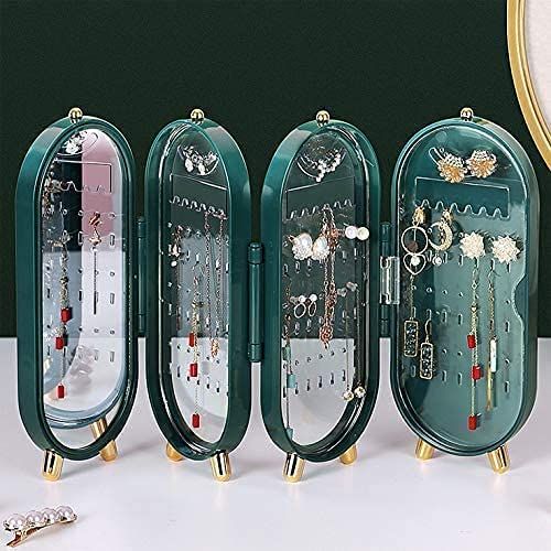 Foldable Jewelry Organizer With Mirror Ear Rings & Necklace_ Hanging Holder Jewelry Box Vanity Hanger Stand - REVEL.PK